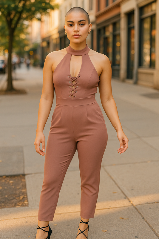 Women’s Halter Jumpsuit – Lace Front Evening Playsuit Pink– UK Size 10