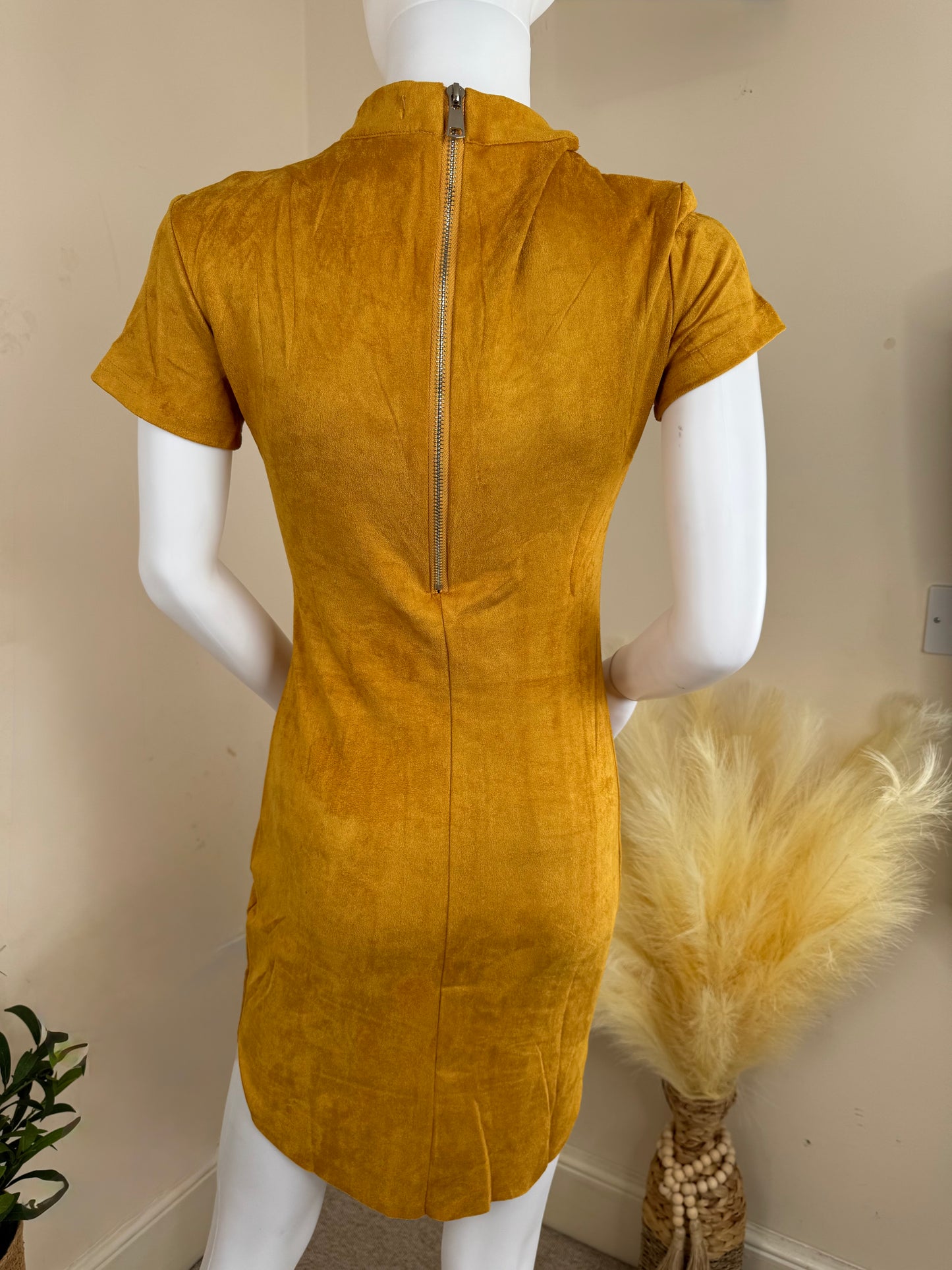 Women’s Mini Dress UK 10 – Yellow Suede Look with Choker Neck