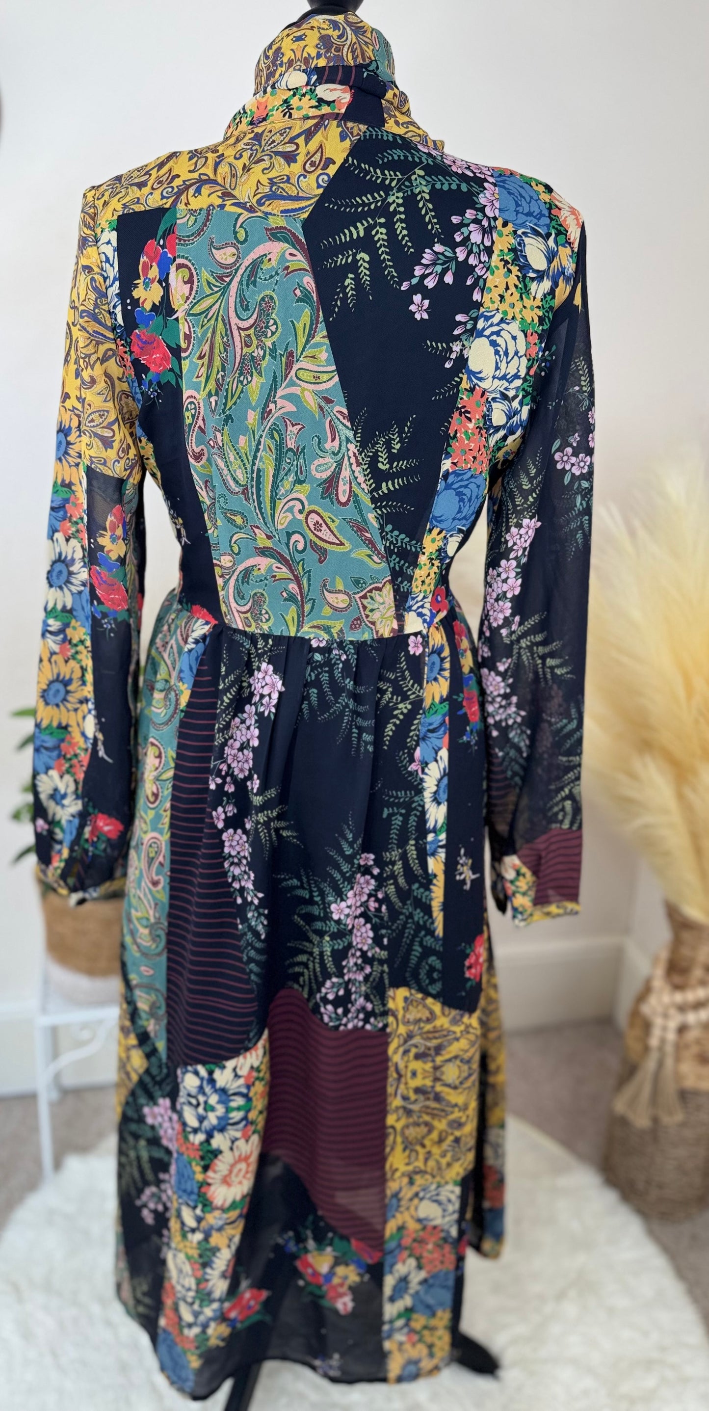 Women’s Patchwork Floral Midi Dress with Pussybow Tie – Size 10