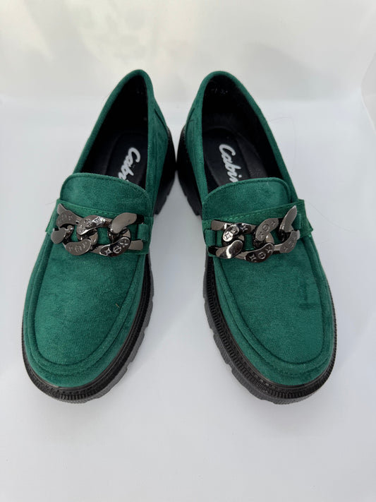 Women’s Suede Loafers Green – Chunky Sole Slip-On Shoes with Black Chain – UK Size 3.5