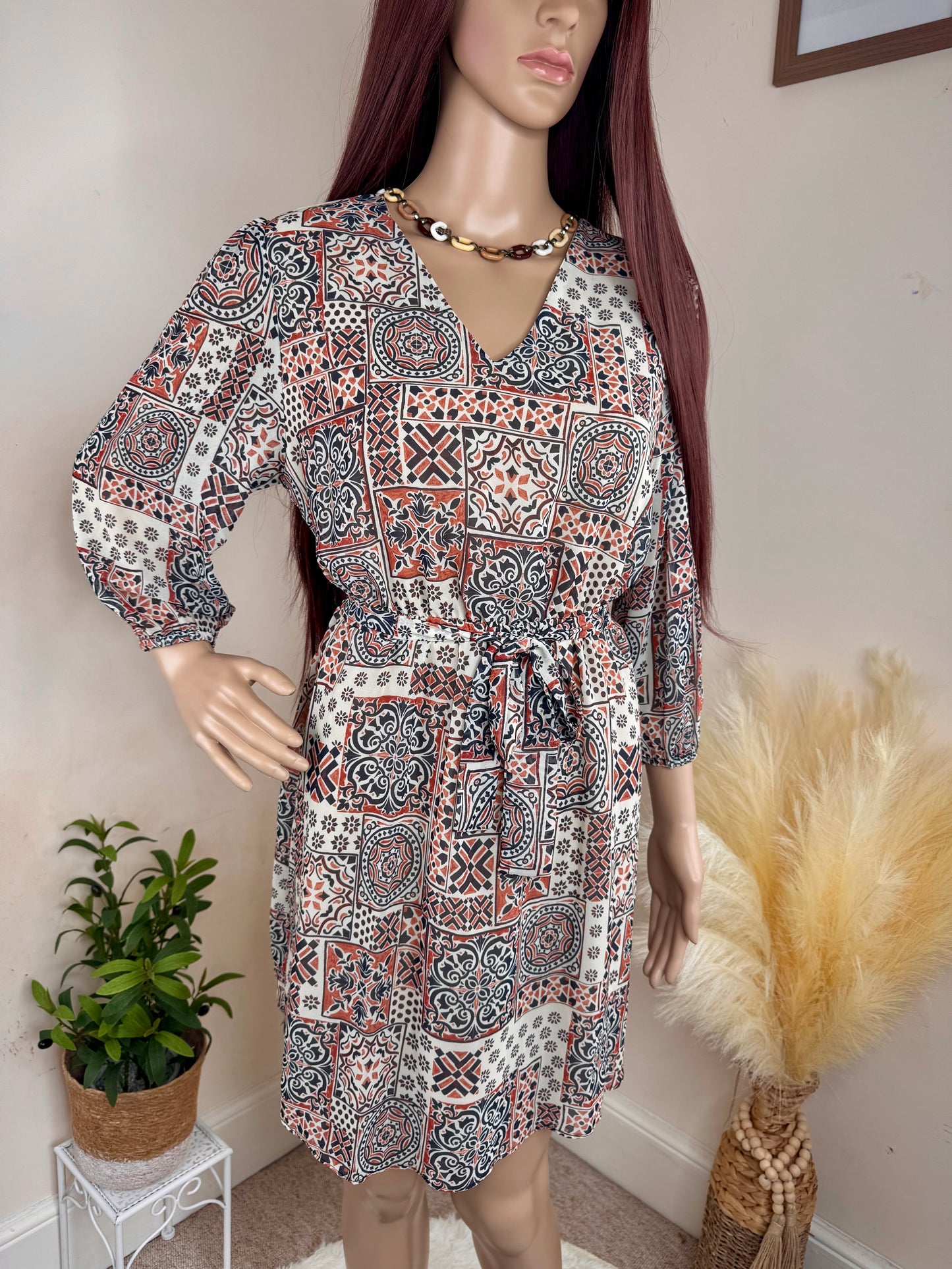 Women’s Boho Print Mini Dress – Long Sleeve Tie Waist – UK Size 12