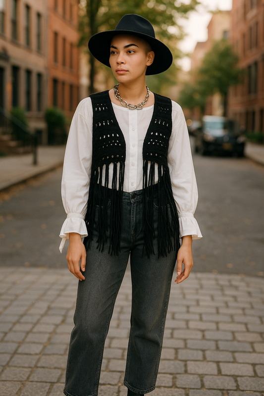 Women's Boho Crochet  Vest – Black Sleeveless Layering Waistcoat UK 10