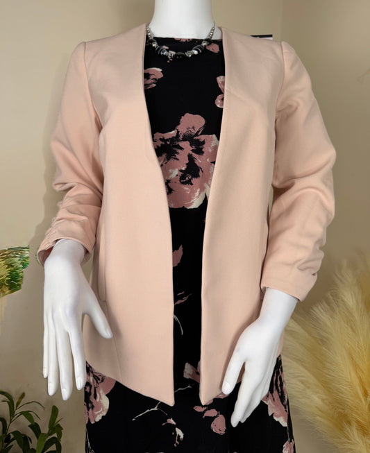 Women’s Blazer Jacket – Open Front Ruched Sleeve – Blush Pink – Sizes UK 8 & 14