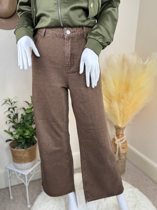 Women’s Wide Leg Jeans –  Brown High Waisted Casual Denim UK Size 8
