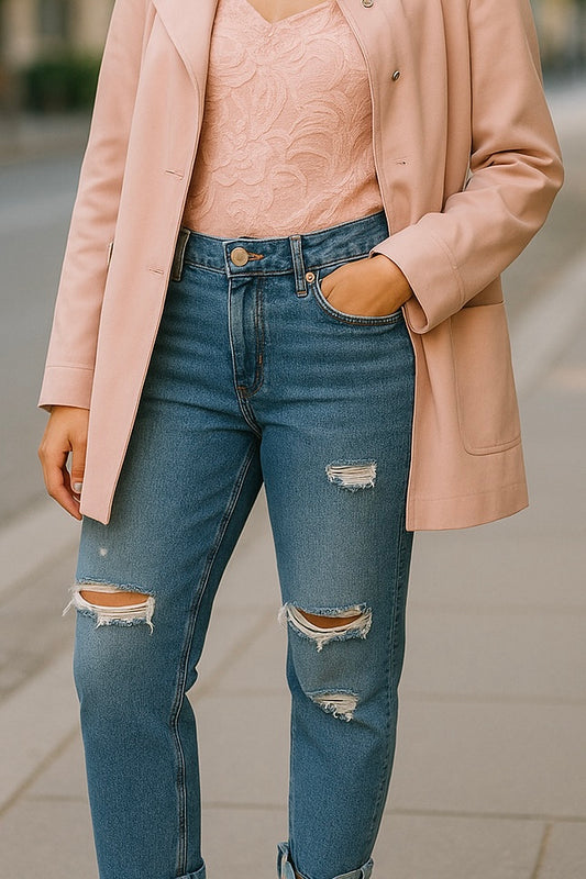 Women’s Blue Distressed Straight Leg Jeans High Waist – UK Size 10 (28)