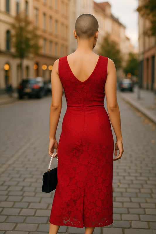 Women’s Red Lace Midi Dress – Sleeveless Occasion Wear UK size 12
