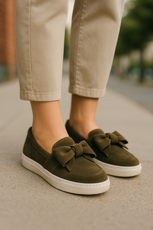 Women’s Slip-On Bow Trainers – Khaki Green – UK 5 / EU 38 Casual Shoes