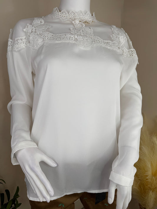 Women’s White Lace Sheer Long Sleeve Blouse – Elegant Occasion Top UK 10