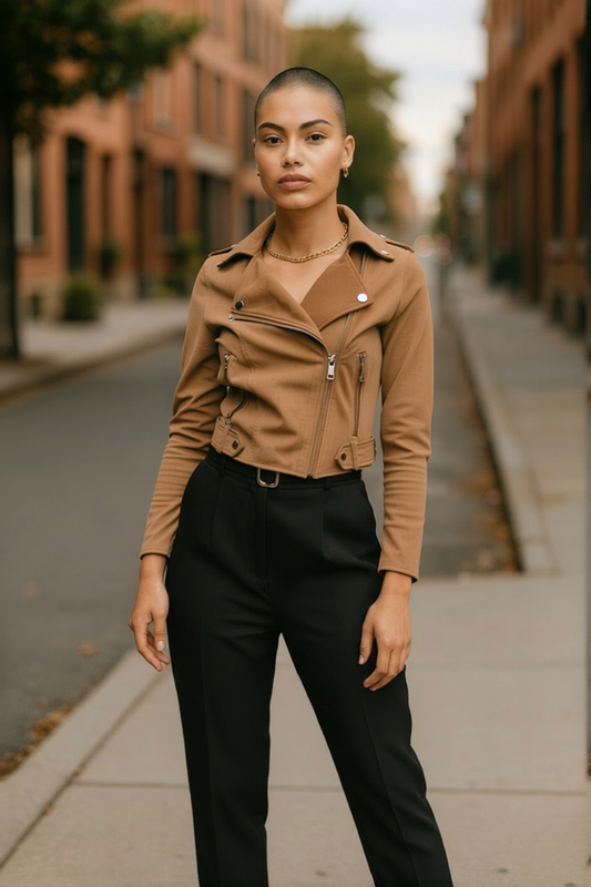 River Island Faux Suede Biker Jacket – Camel Brown, Size 10, Zip Detail