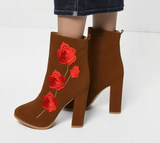 Brown Block Heel Ankle Boots with Red Rose Embroidery – Size UK 6 / EU 39