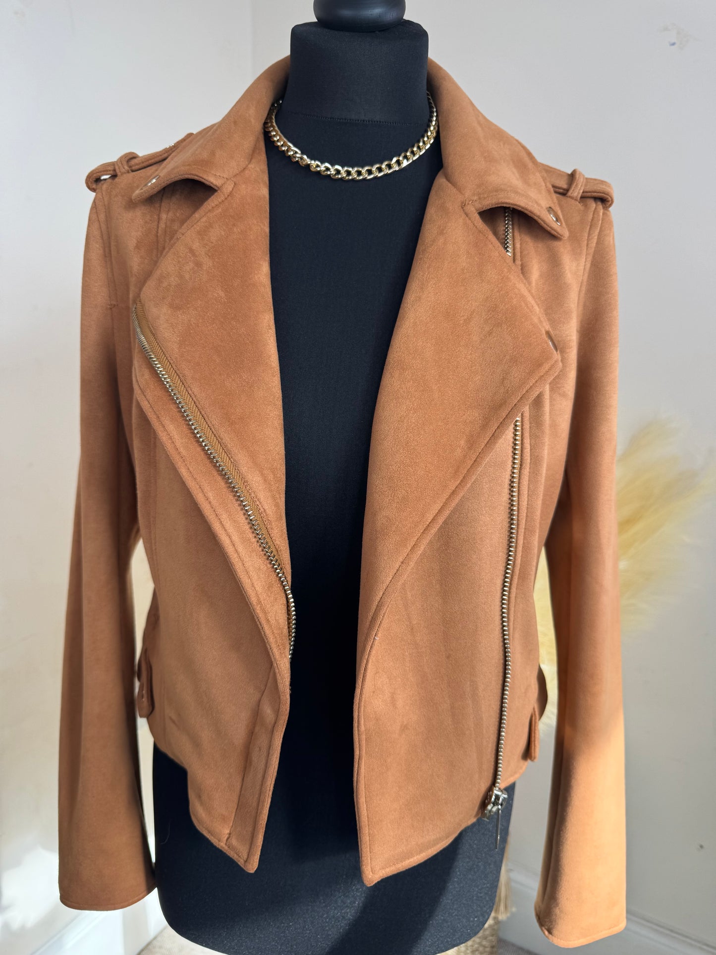 River Island Faux Suede Biker Jacket – Camel Brown, Size 10, Zip Detail