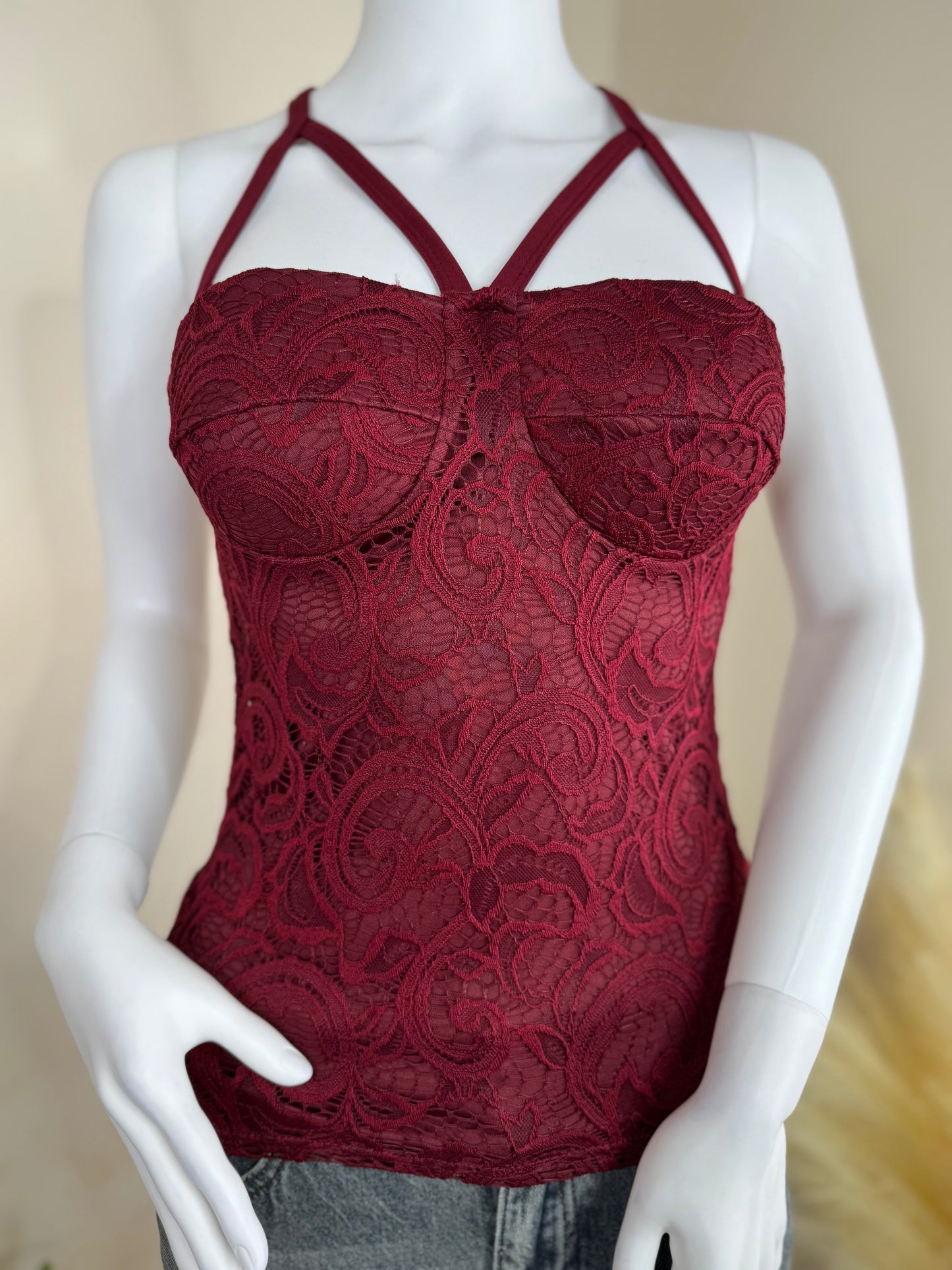 Women’s  Lace Cami Top – Strappy Evening Top UK Sizes ( 8/10), Burgundy
