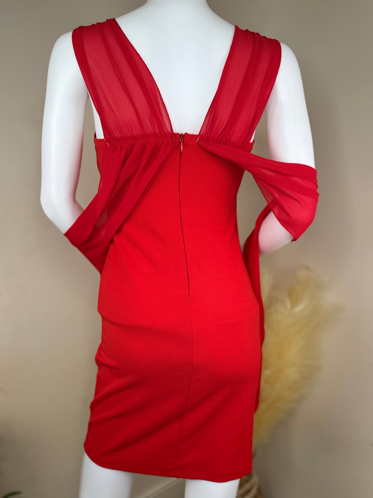 Red evening mini dress – cross strap detail – size 8