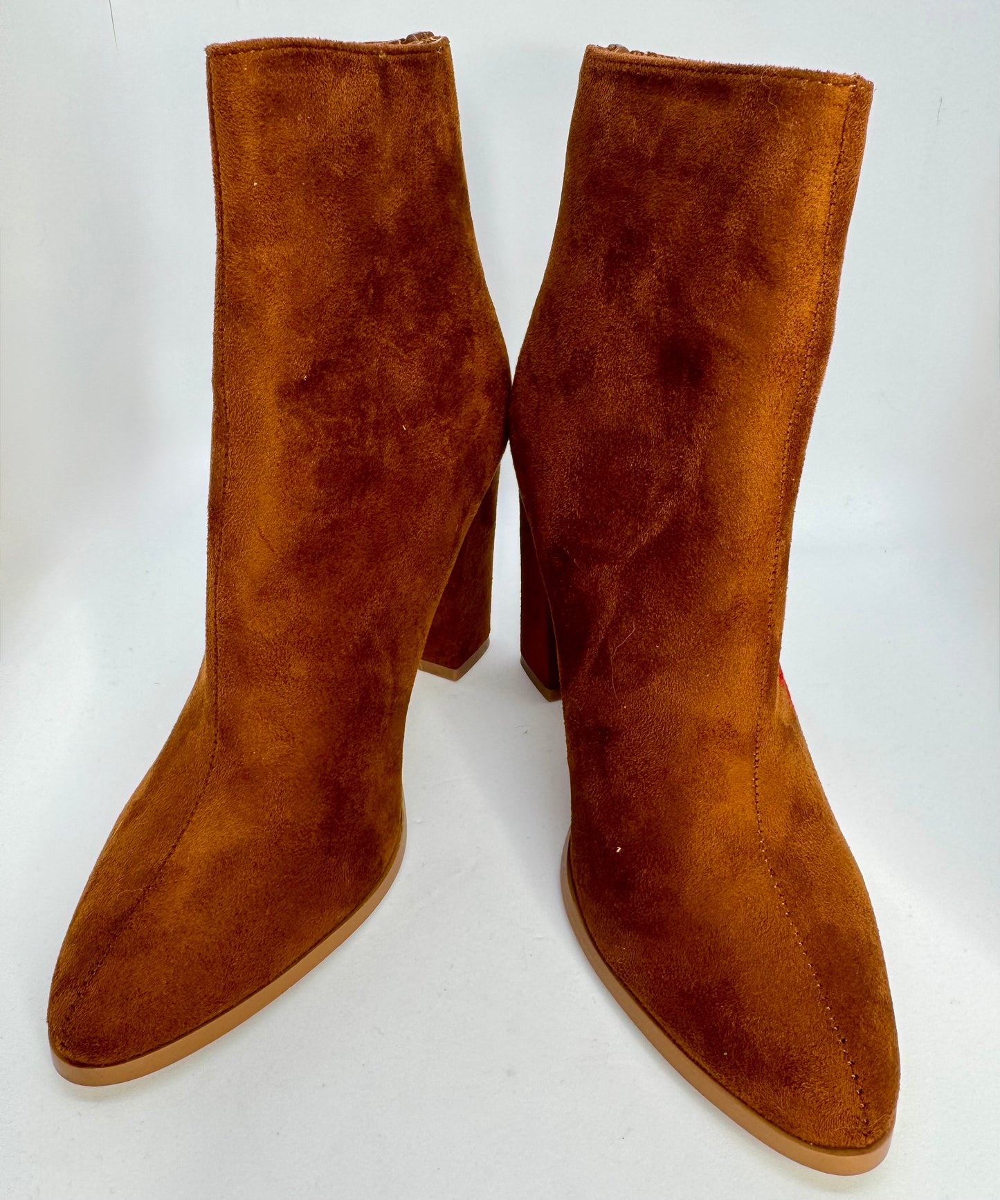 Brown Block Heel Ankle Boots with Red Rose Embroidery – Size UK 6 / EU 39