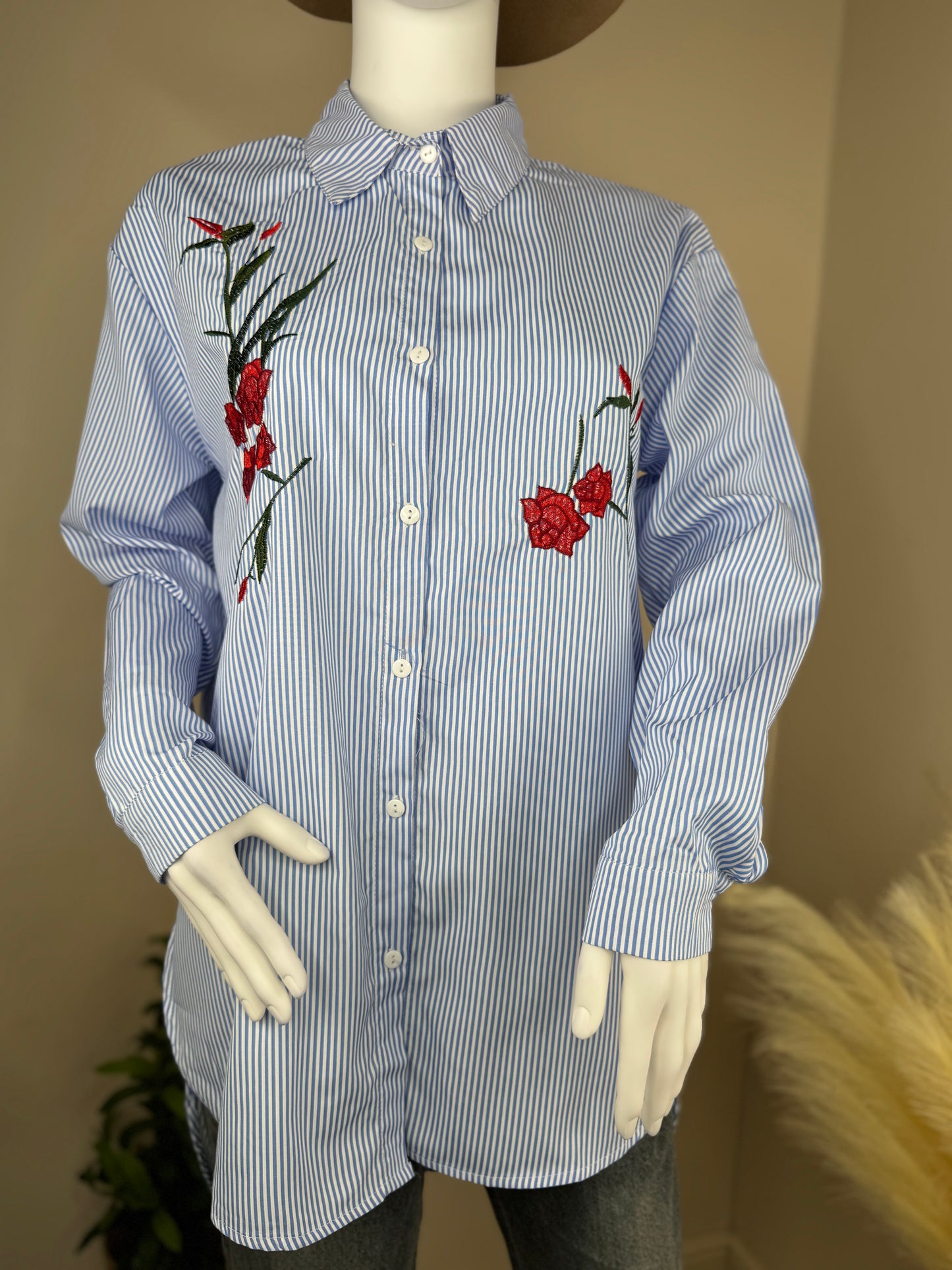 Women’s Blue Striped Shirt with Red Floral Embroidery – Oversized Fit (UK 8)