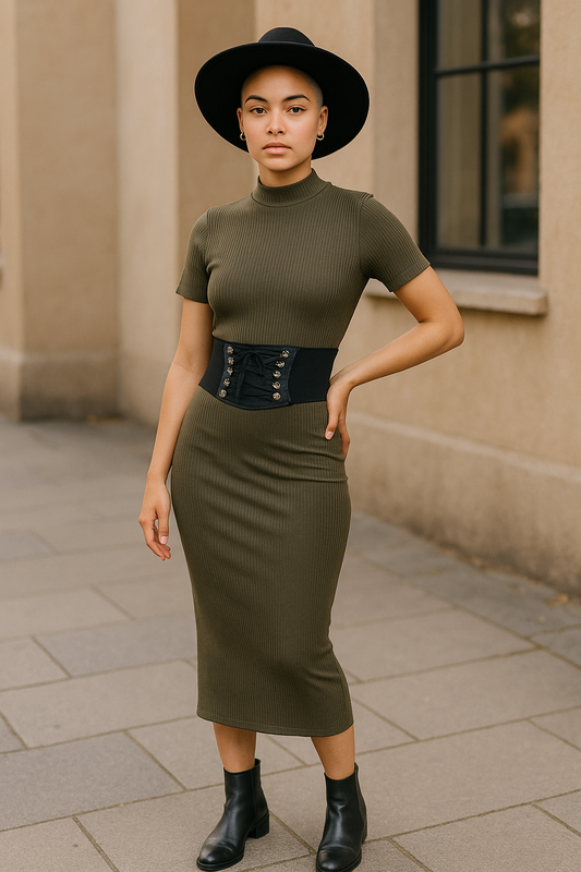 Women’s Ribbed Midi Dress – Khaki Fitted Mock Neck Short Sleeve UK 12 & 14