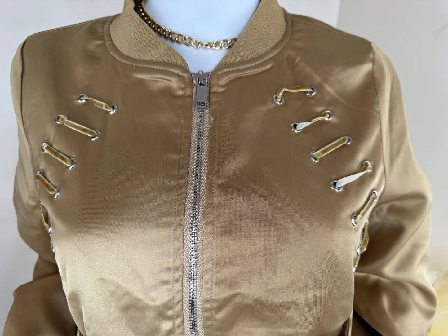 Women’s Bomber Jacket with Safety Pin Detail – Gold UK 10 / Khaki Green UK 8– Boutique Outerwear