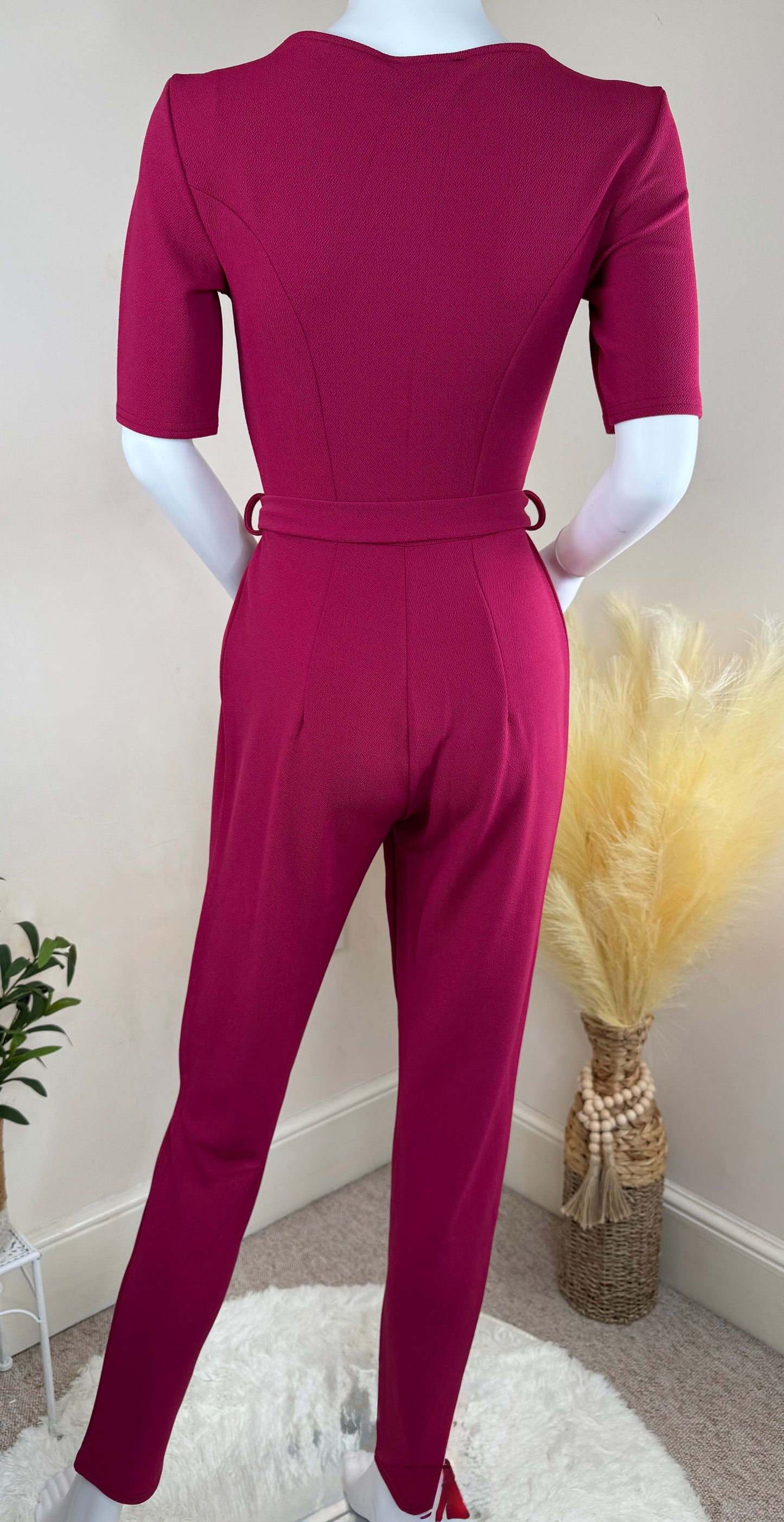 Women’s Burgundy Jumpsuit – Size 10 (Small Fit) – Short Sleeve, Tie Waist, UK Made