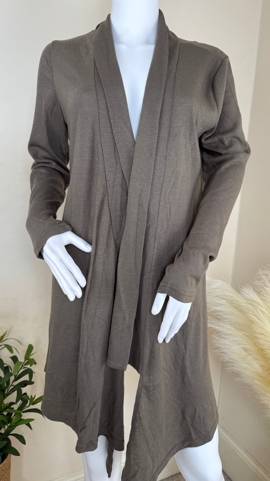 Women’s Longline Brown Open Cardigan – Lightweight Knit, Sizes UK 8/10/12