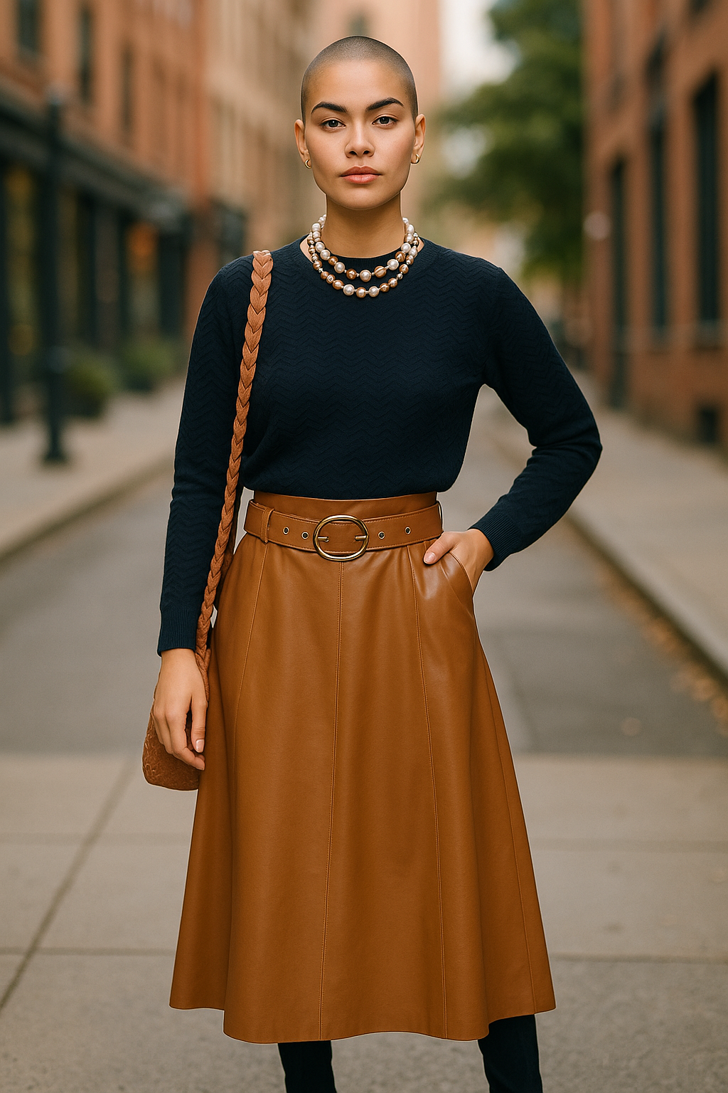 Women’s Tan Faux Leather Midi Skirt with Belt – Size 10