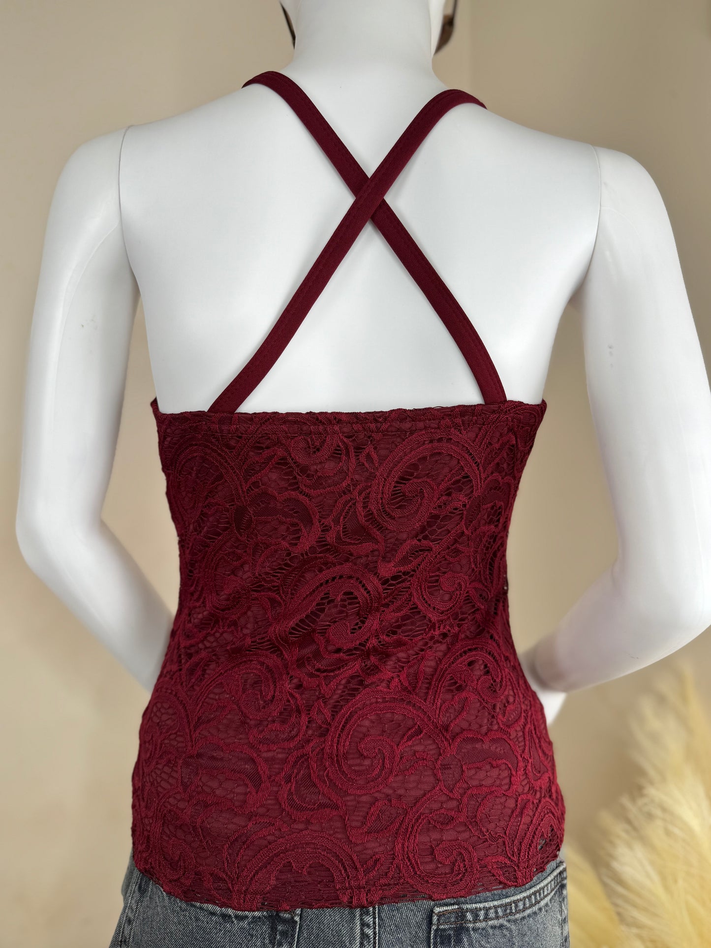 Women’s  Lace Cami Top – Strappy Evening Top UK Sizes ( 8/10), Burgundy