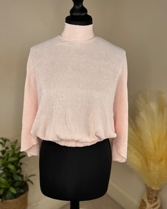 Women’s High Neck Evening Blouse – Blush Pink Open Back Top UK 8 & UK 12