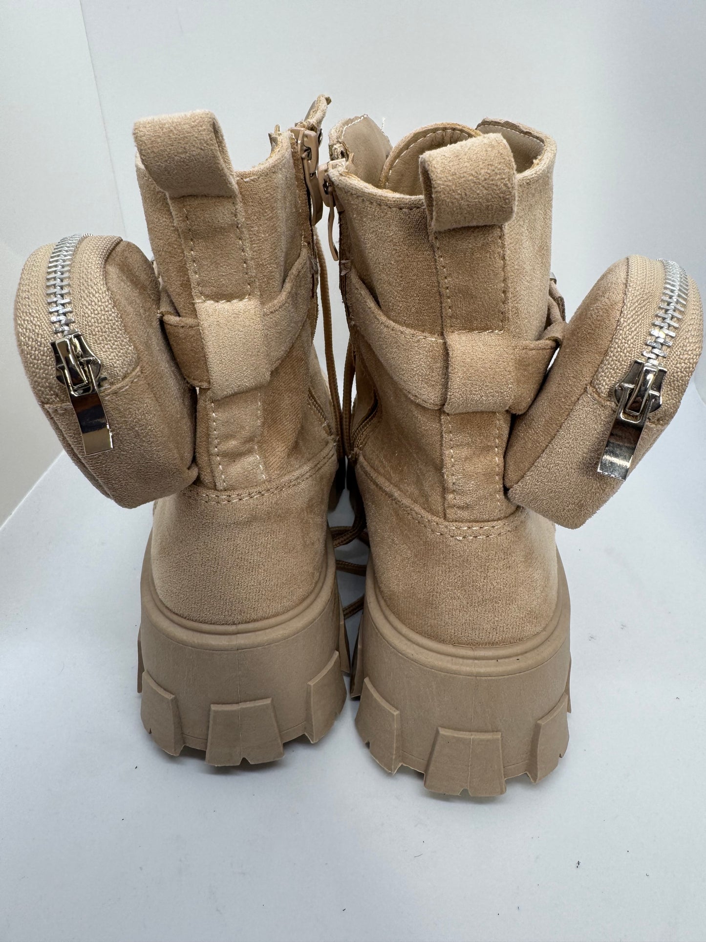 Women’s Beige Combat Boots with Pocket – Size UK 5 Faux Fur Lined Chunky Sole