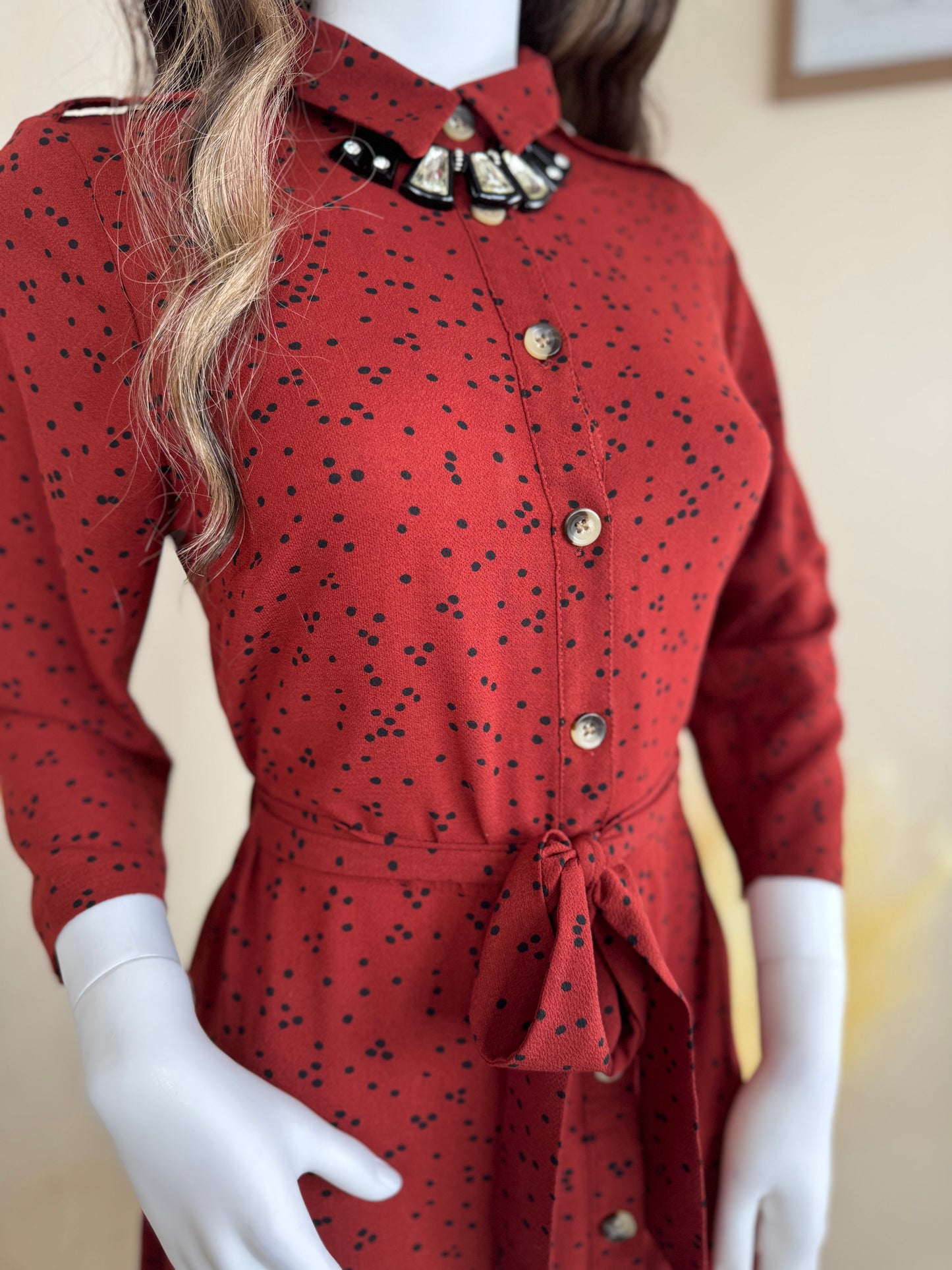 Women’s Red Shirt Dress – Long Sleeve Button Down with Belt UK 10