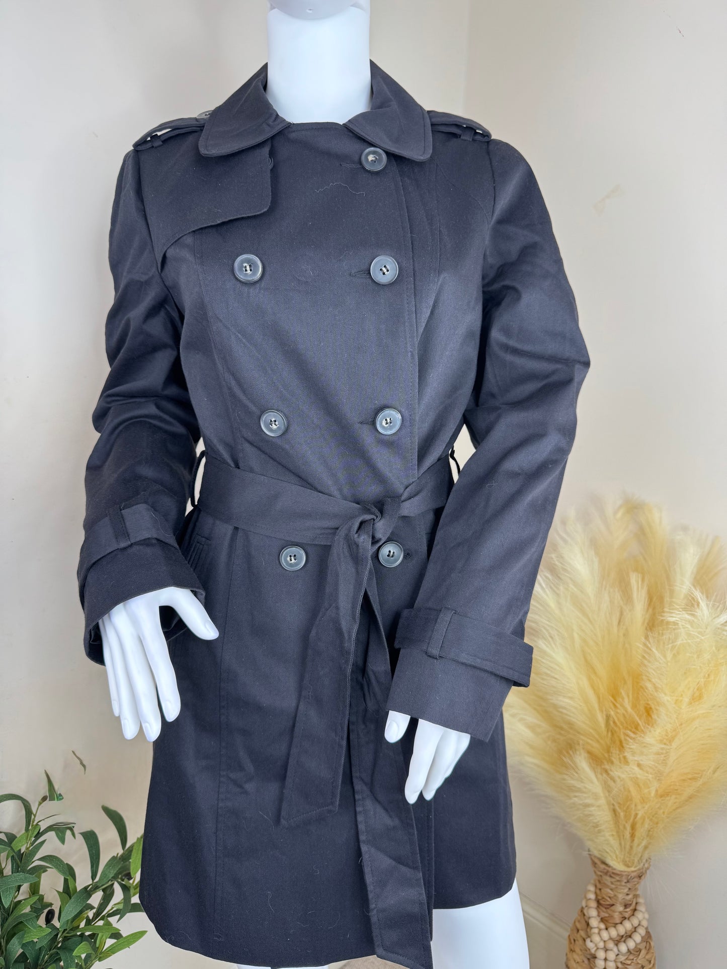 Women’s Black Double-Breasted Trench Coat – Size 10 Boutique New