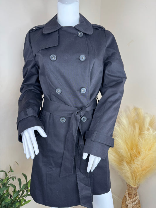 Women’s Black Trench Coat – Double Breasted Belted Jacket – Size UK 10