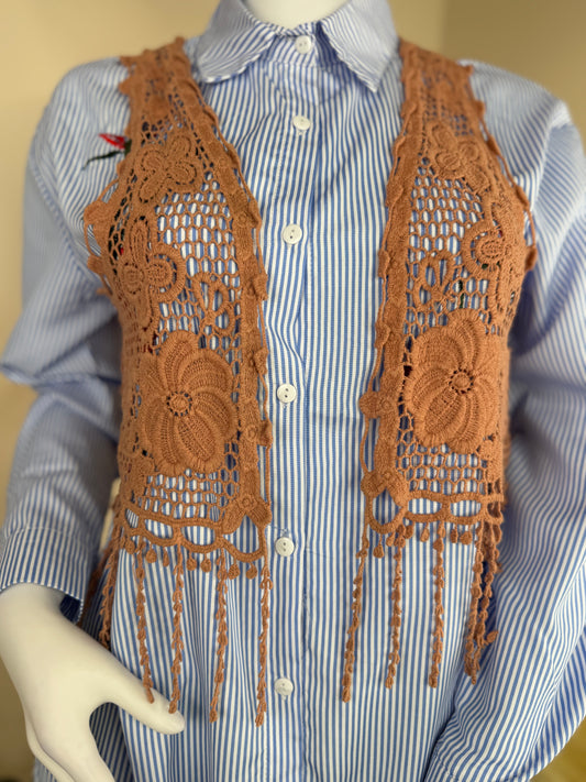 Women's Boho Crochet Vest –  Sleeveless Light Brown Layering Waistcoat UK 10