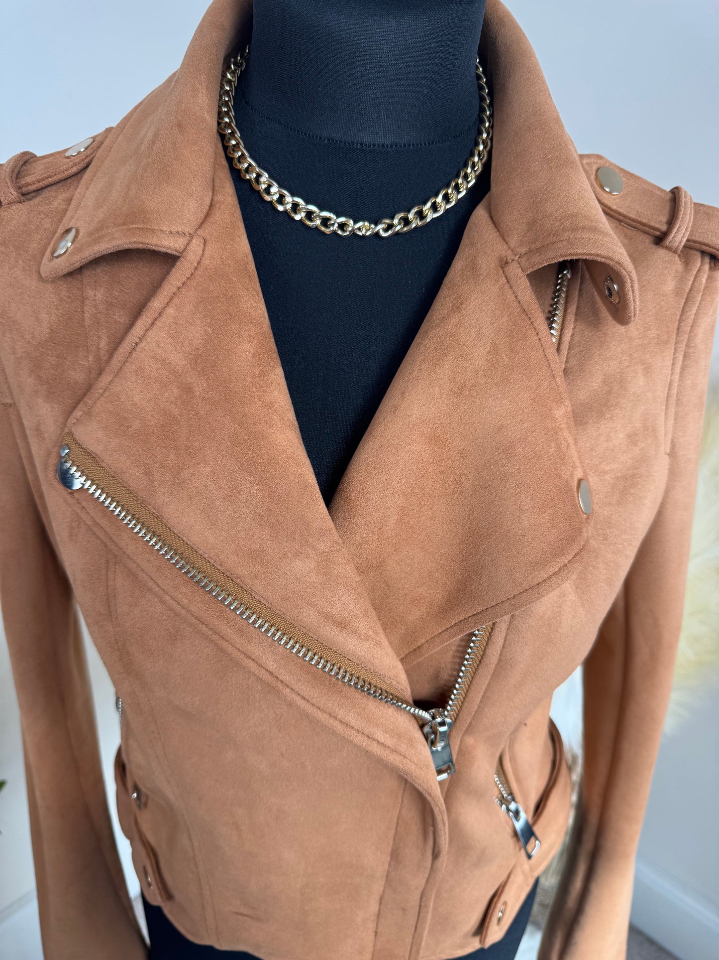 River Island Faux Suede Biker Jacket – Camel Brown, Size 10, Zip Detail
