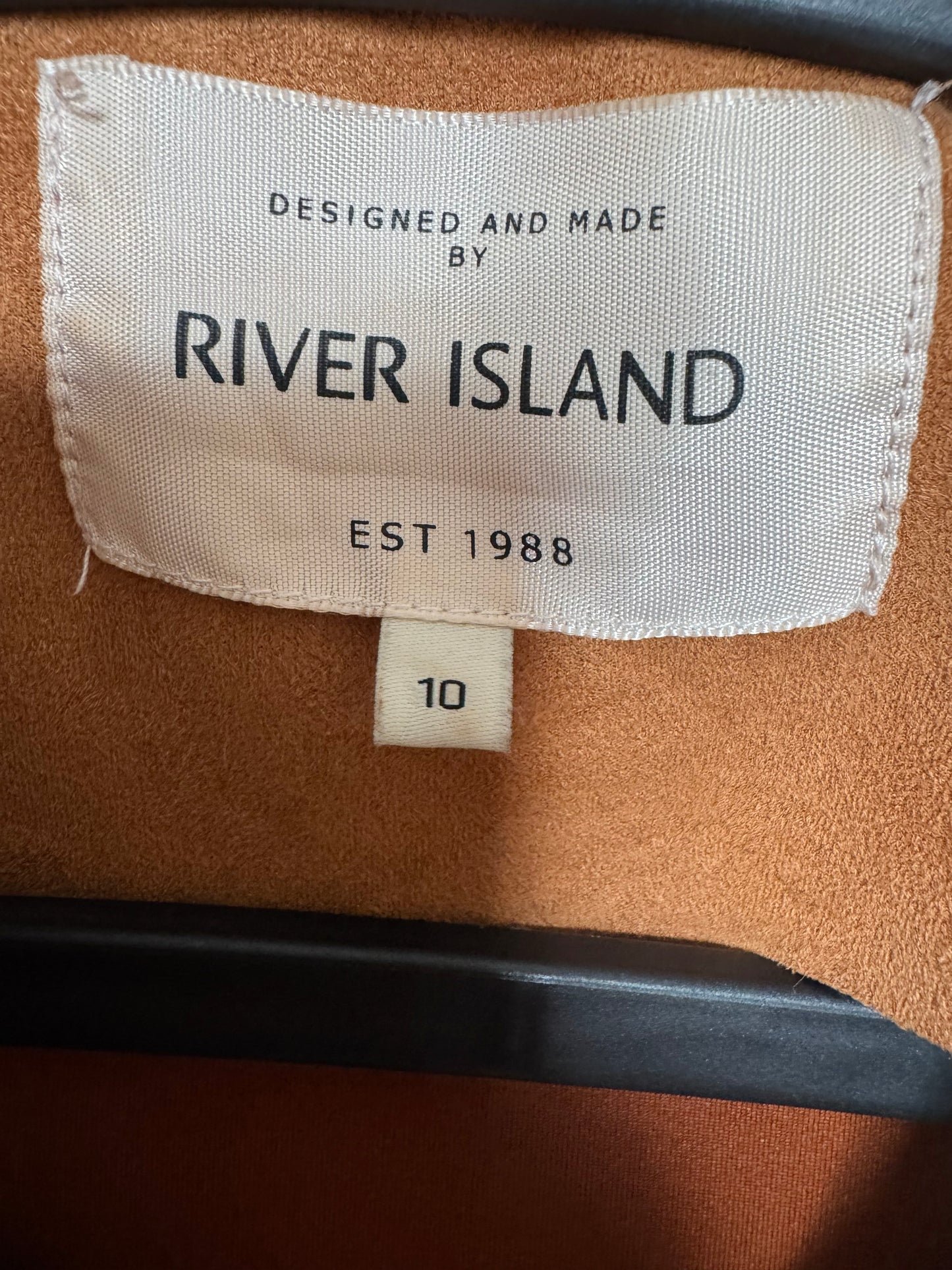 River Island Faux Suede Biker Jacket – Camel Brown, Size 10, Zip Detail