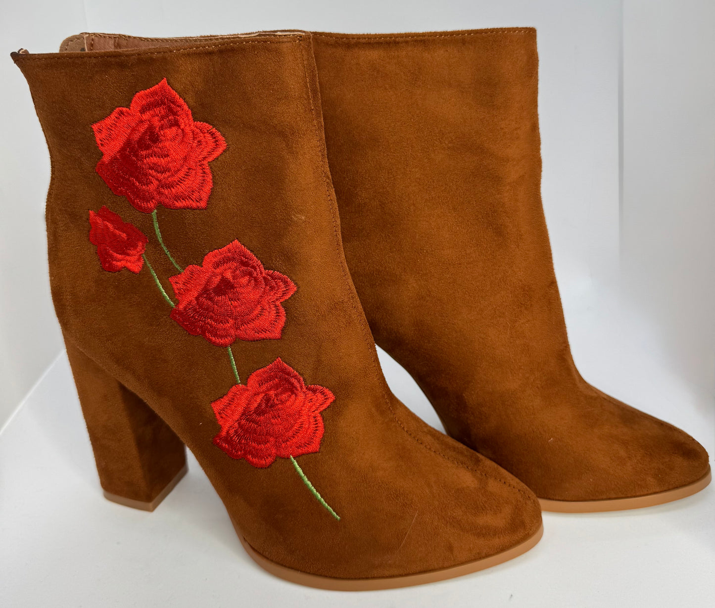 Brown Block Heel Ankle Boots with Red Rose Embroidery – Size UK 6 / EU 39