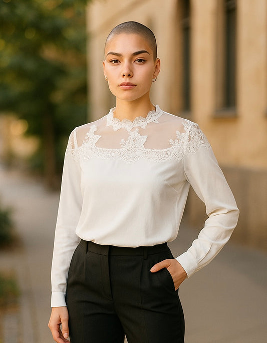 Women’s White Lace Sheer Long Sleeve Blouse – Elegant Occasion Top UK 10