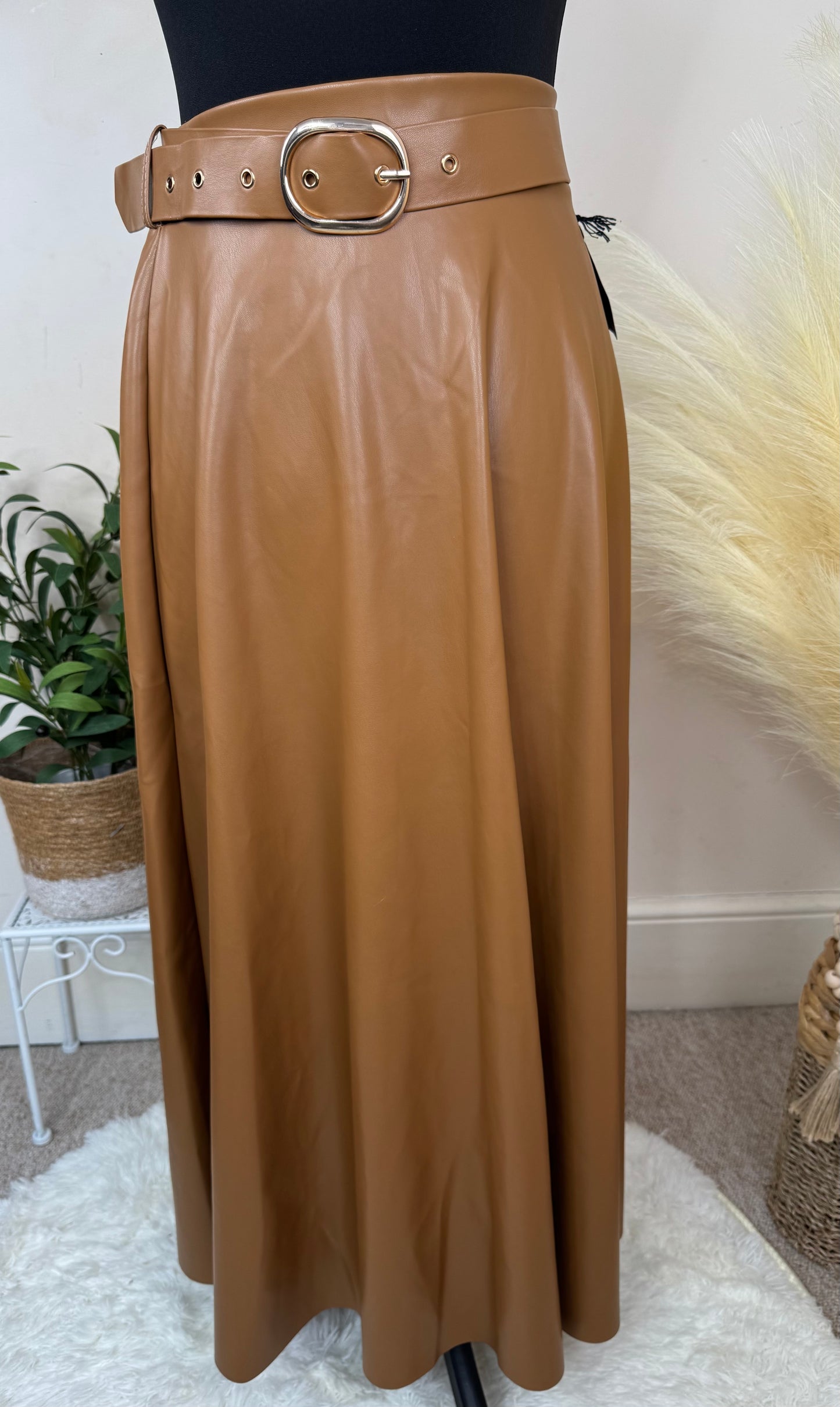 Women’s Tan Faux Leather Midi Skirt with Belt – Size 10