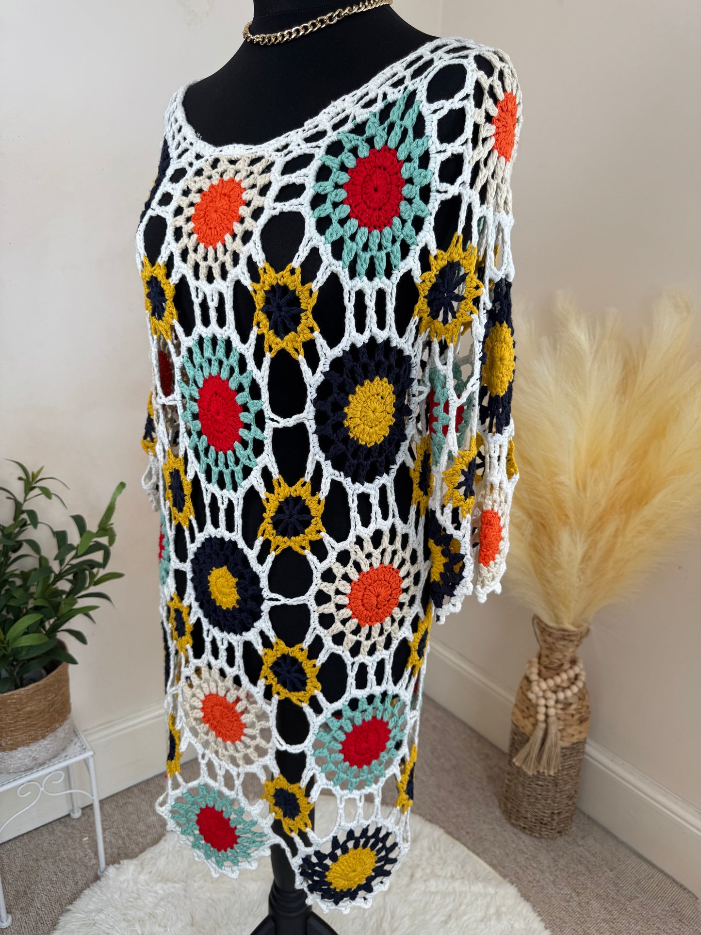 Women’s Crochet Tunic Dress – Multicolour Floral Open Knit Boho Layering (UK 10)