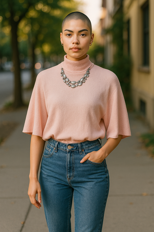 Women’s High Neck Evening Blouse – Blush Pink Open Back Top UK 8 & UK 12