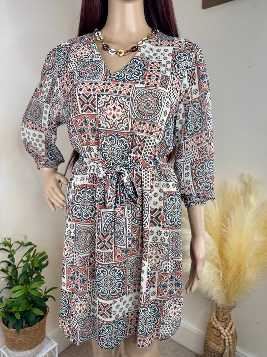 Women’s Boho Print Mini Dress – Long Sleeve Tie Waist – UK Size 12
