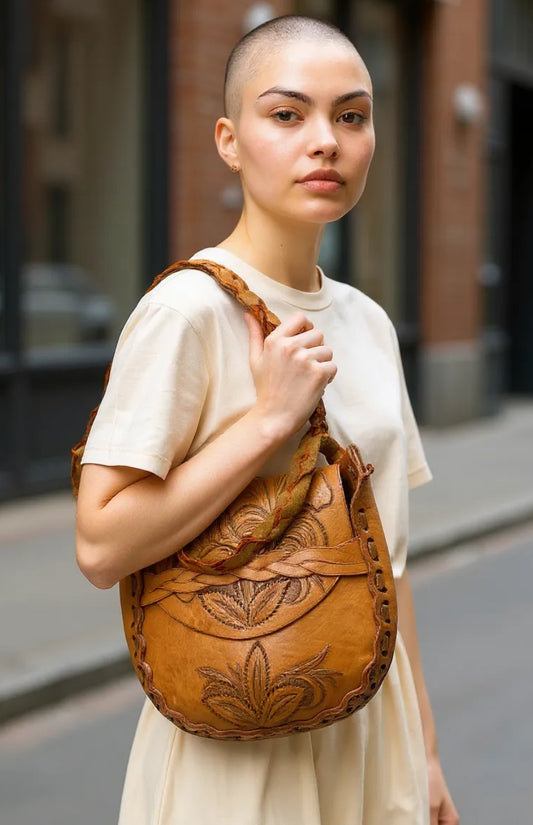 Women’s Leather Crossbody Bag – Handcrafted Tooled Floral Saddle Style Boho Shoulder Bag