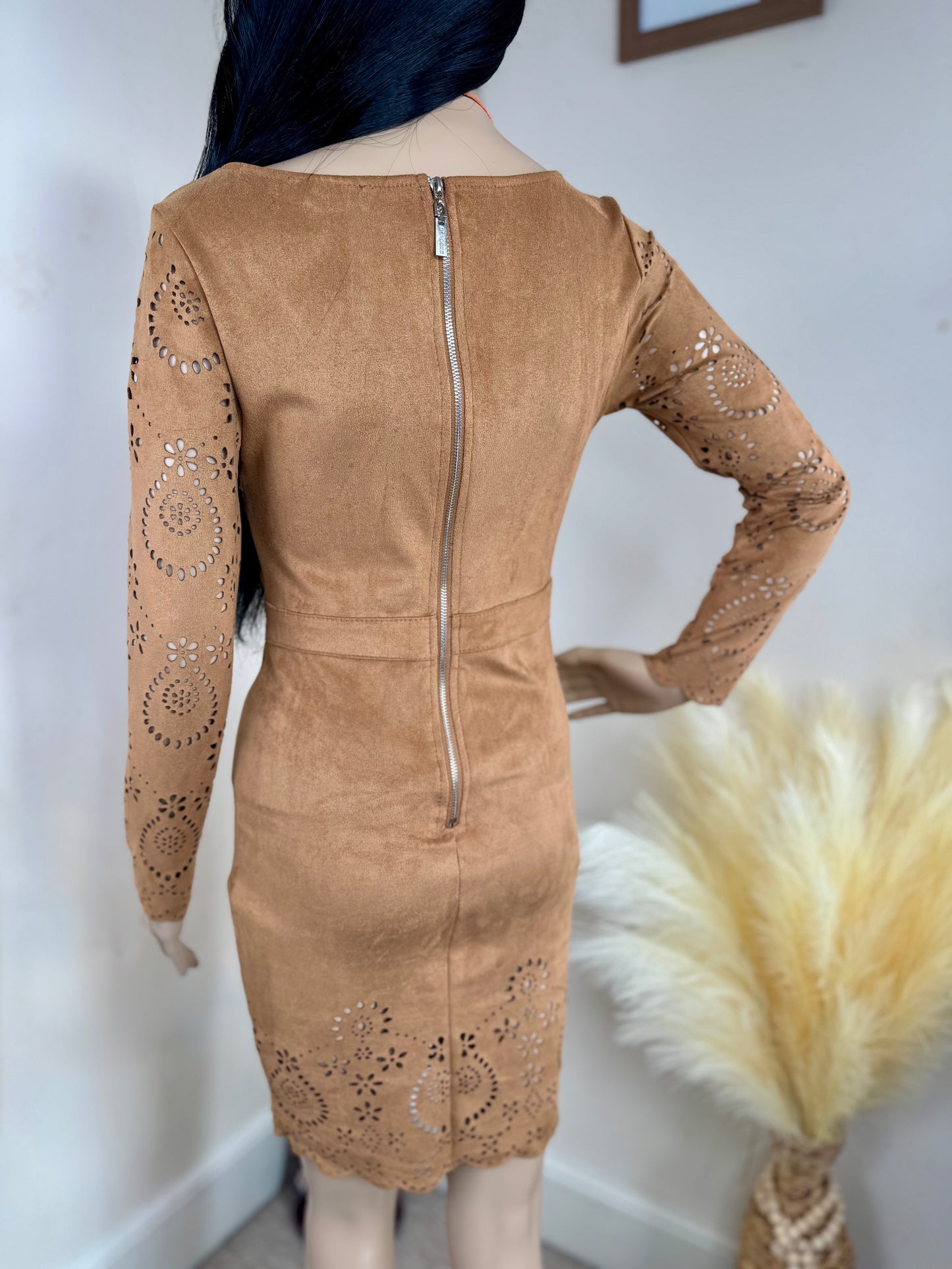 Women's Brown Suede Look Mini Dress – Laser Cut Long Sleeve Bodycon, Size S UK 8