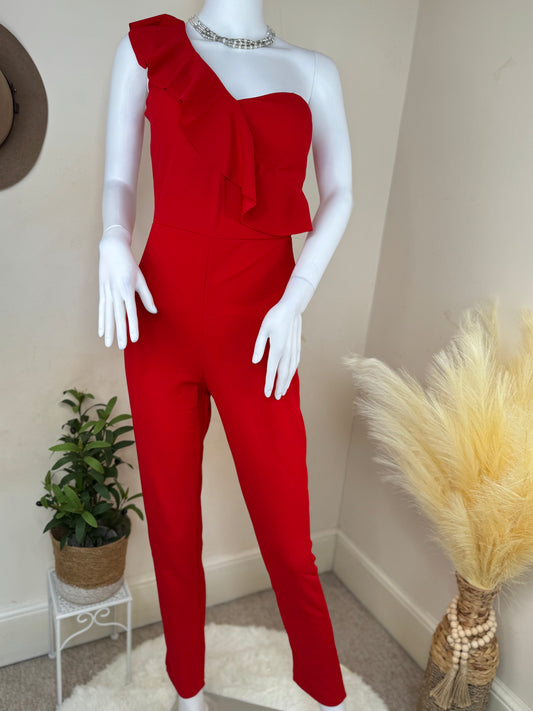 Women’s Red Party Jumpsuit – One Shoulder Evening Outfit with Ruffle Detail (UK 8)