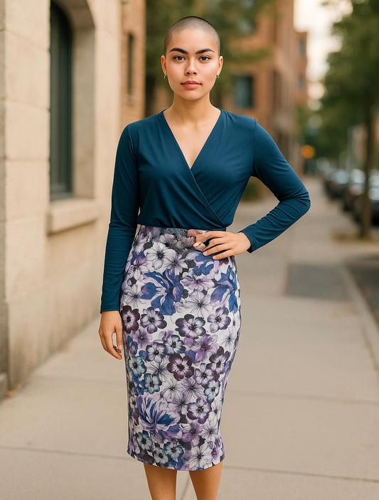 Women’s Floral Pencil Skirt – Midi Purple Print – Sizes UK  6 & 10