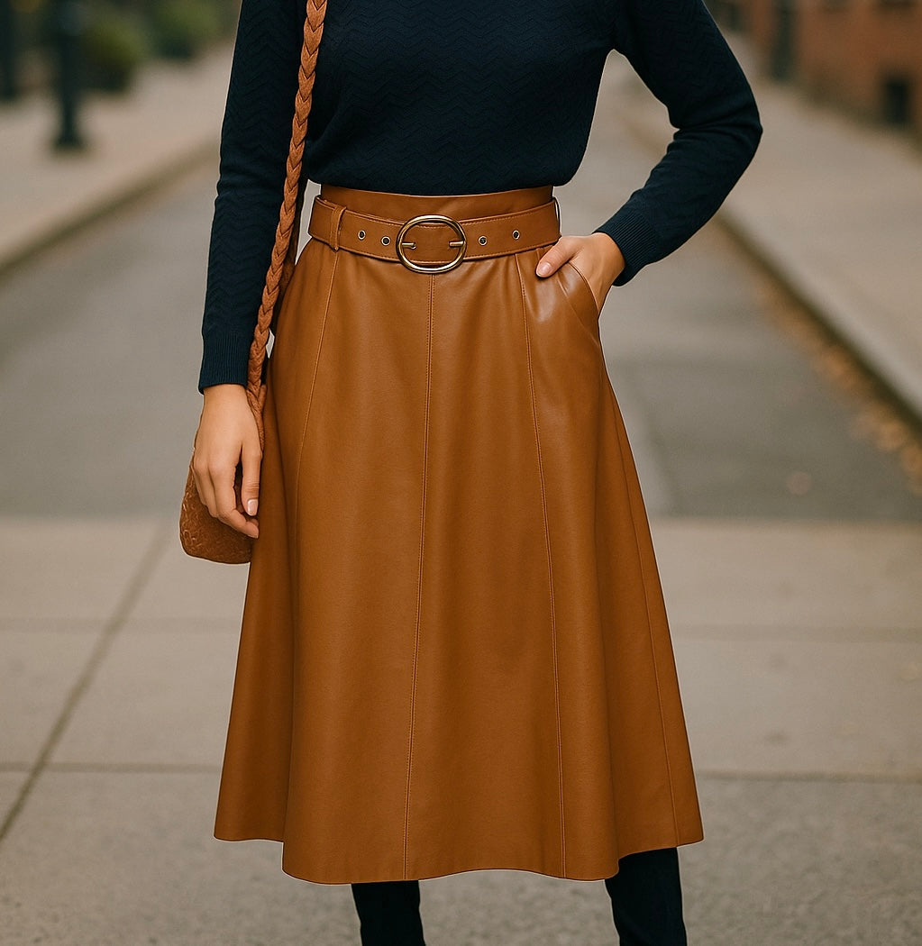 Brown faux leather midi skirt with belt detail, styled with a black top – preloved women’s skirt.