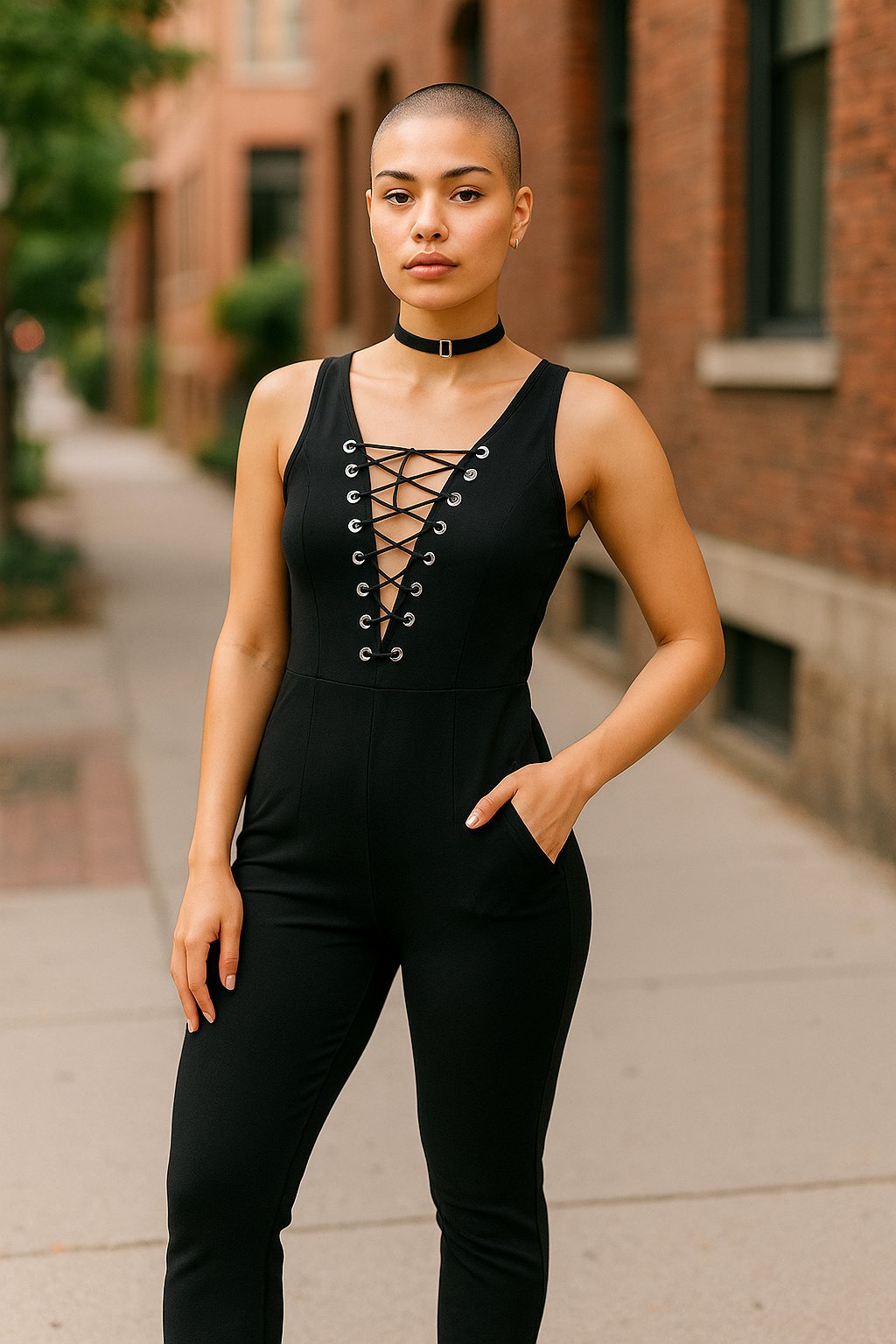 Black sleeveless jumpsuit with lace-up front, worn outdoors – preloved fashion.