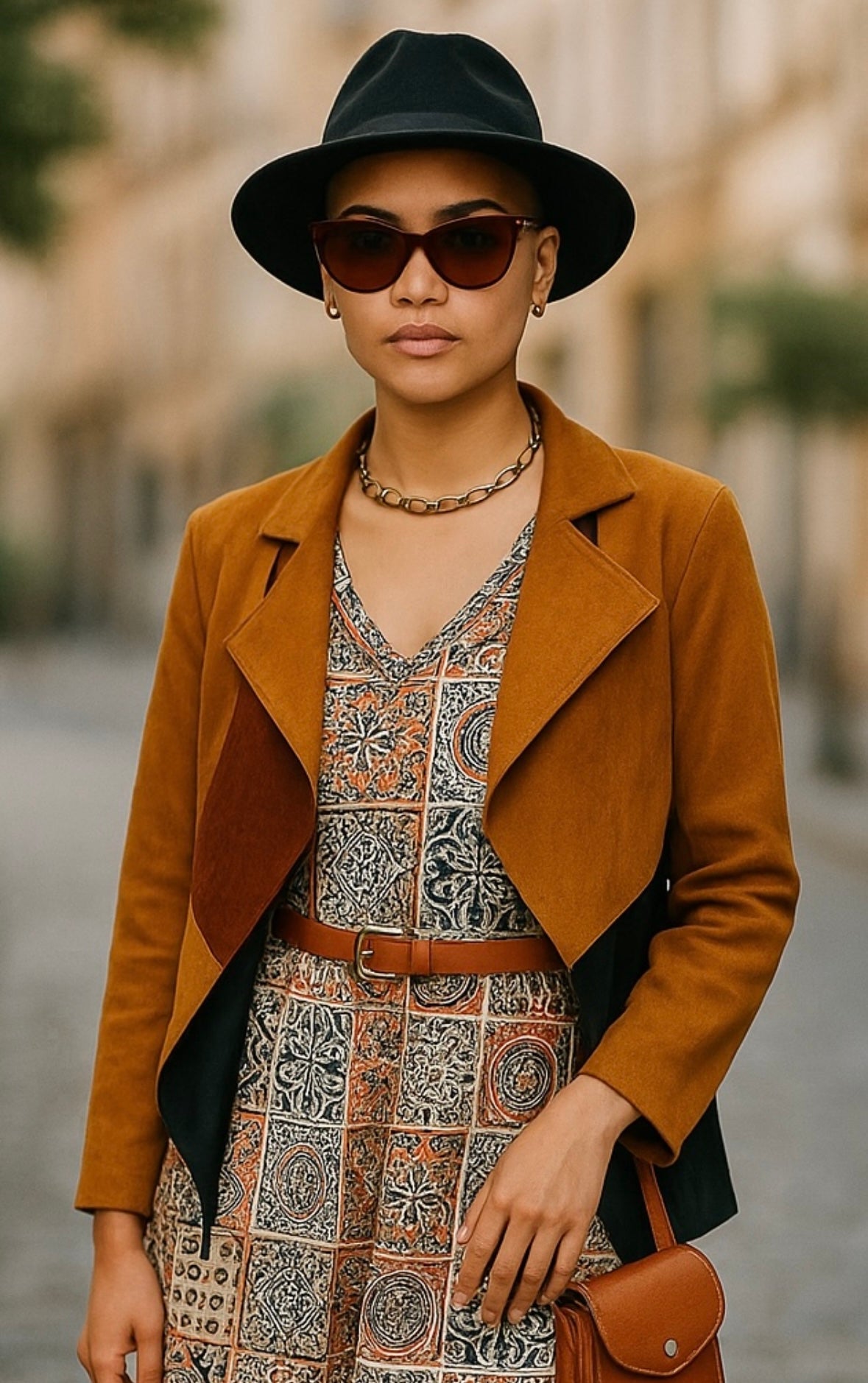 Woman wearing a patterned dress with a brown jacket, black hat and sunglasses – autumn street style look.