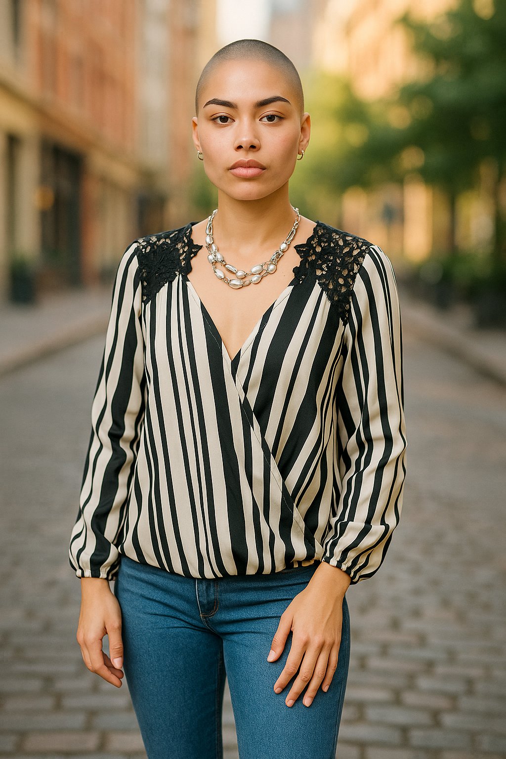 Black and white striped wrap blouse with lace shoulder detail, paired with jeans – preloved women’s top