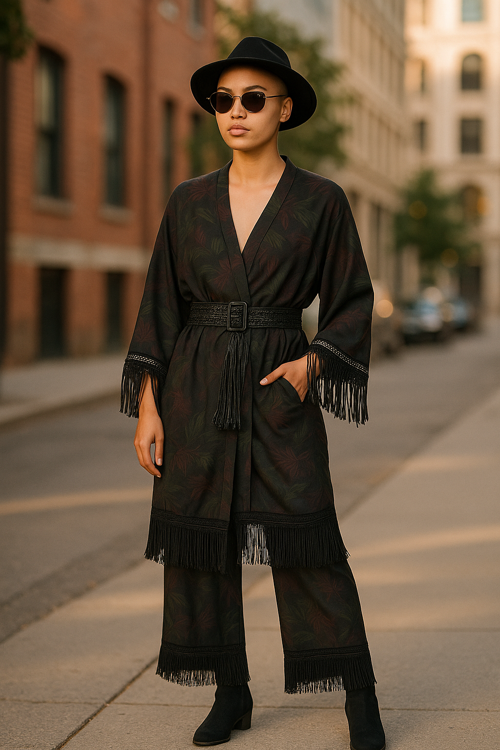 Black fringed co-ord set with kimono jacket and trousers, styled with a belt – wearvsagain favourites collection.