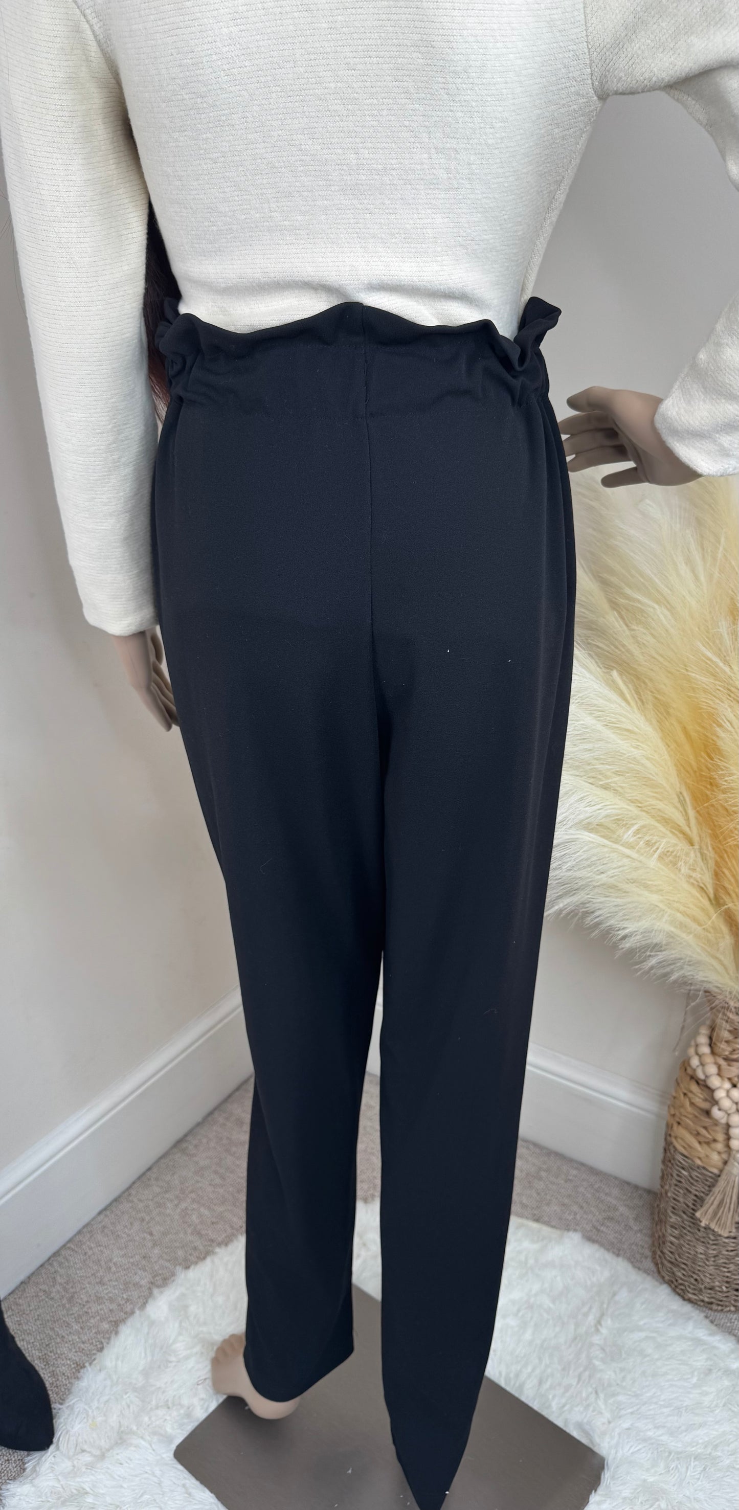 Women’s Black Paperbag Waist Trousers with Belt – Size UK 8