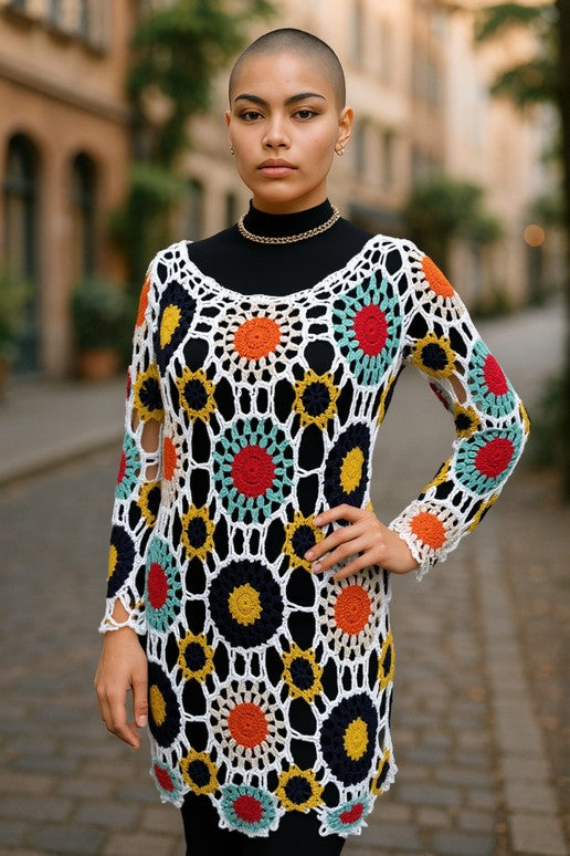 Women’s Crochet Tunic Dress – Multicolour Floral Open Knit Boho Layering (UK 10)